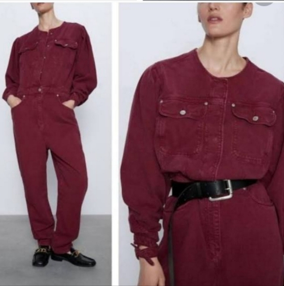 Zara 80's Denim Jumpsuit Burgundy - Picture 1 of 8